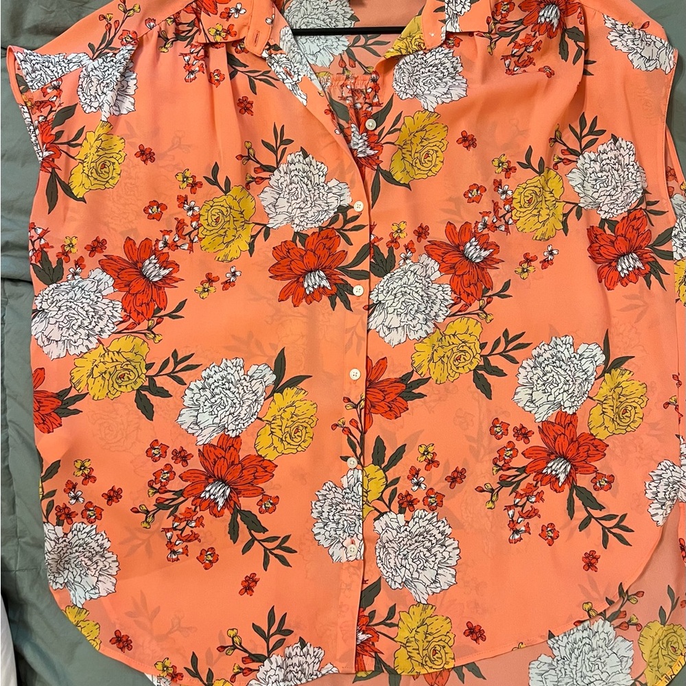 LOFT Orange Blouse with Peter Pan Collar and Buttoned Front